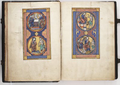 Lewis Psalter ff.8v-9r, Presentation in the Temple, and the Three Temptations of Christ, c.1225-40 by French School