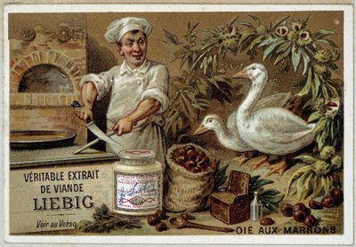 Liebig recipes: goose with chestnuts - chromo. Liebig by French School