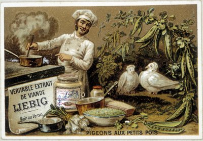 Liébig recipes: pigeons with peas - chromo. by French School