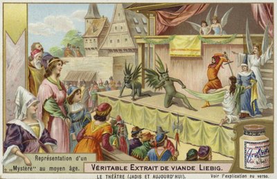 Liebig card featuring a representation of a medieval mystery by French School