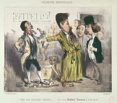 Look at my Servant, Sirs..... with my False Teeth he can Break Iron! by French School