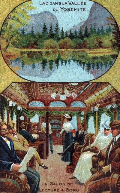Tourist on Luxury Cruise Reading in the Ship Private Library, View of a Lake of the Yosemite Valley, California by French School