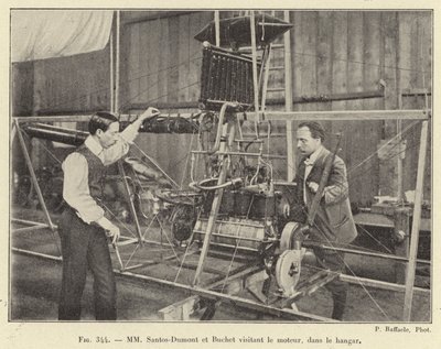 Santos-Dumont and Buchet visiting the engine in the hangar (engraving) by French School