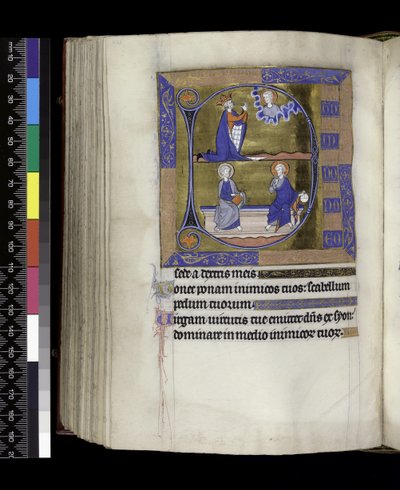 MS 300 f.125v, David prays to God (above); God with orb and Christ with book seated on bench (below), from the Psalter and Hours of Isabella of France, Paris, c.1265-70 by French School