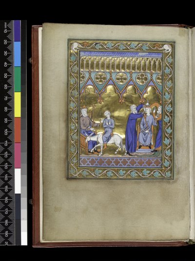 David, Enthroned, Sends Solomon to Sadoc and Nathan Who Crown and Anoint Him, from the Psalter and Hours of Isabella of France, Paris, c.1265-70 by French School