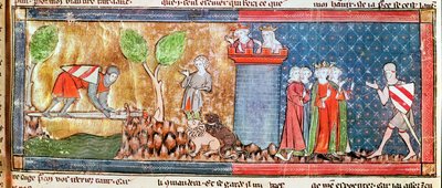 Lancelot Proves His Love of Guinevere by Crossing a River Bridged by a Sharp Sword by French School