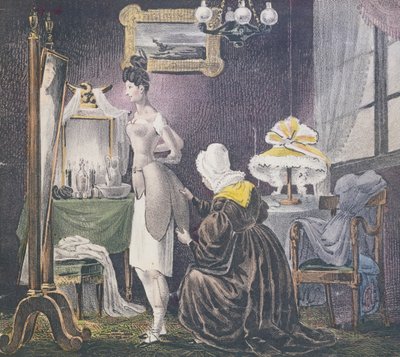 Maid assisting her mistress to dress in padding for breasts and bottom by French School