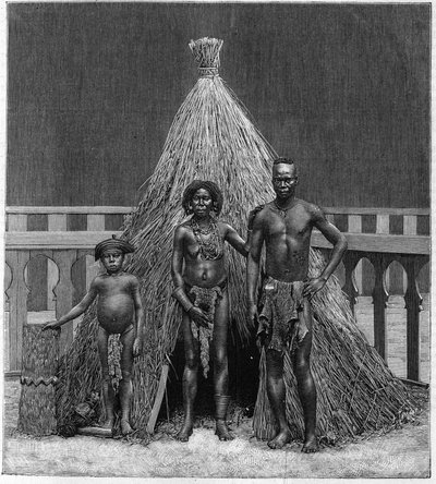 Man, woman, and child of the Angolan troupe exhibited in Paris during the World Exposition of 1889 by French School