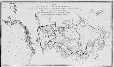 Map of North America, plotting the expeditions of Sir Alexander Mackenzie in 1789 and 1798 to the Arctic Ocean by French School