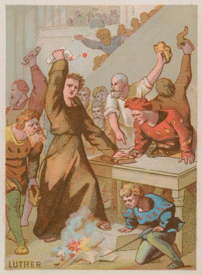 Martin Luther burning the Papal bull banning his works by French School
