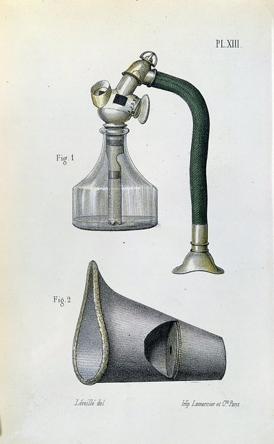 Mask for administering ether to anaesthetize a patient, from a medical manual by Jean-Baptiste-Leon Dubreuil by French School