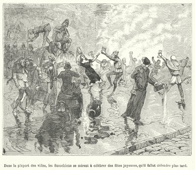 Members of the Basaoche, a guild of law clerks, celebrating a festival on the streets of a medieval French town by French School