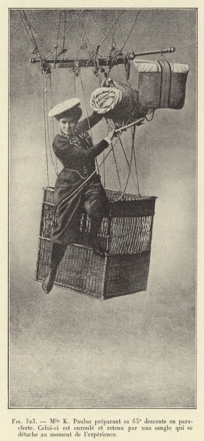 Miss K. Paulus Preparing for Her 65th Parachute Descent, The Parachute is Rolled Up and Held by a Strap that Detaches at the Moment of the Experiment (engraving) by French School