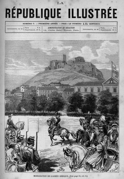 Mobilization of the Greek army in the streets of Athens. You can see the Acropolis and the Parthenon. A newspaper. Engraving from 1880 in 
