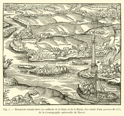 Roman monument erected at the confluence of the Seine and the Marne, facsimile of an engraving from 1575, from Thevet