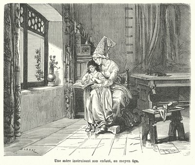 Mother teaching her child in medieval times by French School