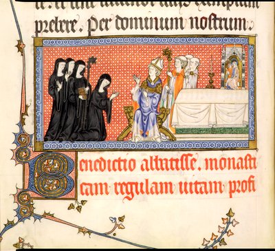 The Presentation of an Abbess, from the Metz Pontifical, written for Raymond Bar, Bishop of Metz, 1302-16 by French School
