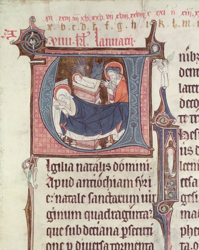 Historiated initials U and I depicting the Nativity and the Infant Christ, from Obituaire de Notre Dame de Pres, after 1270 by French School
