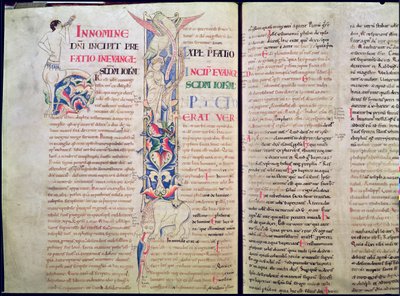 Historiated Initial H Depicting a Centaur and Historiated Initial I Depicting the Eagle of St. John Silencing the Heretic Arius, from the Gospel of St. John, Bible of St. Etienne by French School