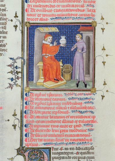 A doctor performing a urine analysis, from a manuscript by Rhazes (Ibn Zakariya) by French School