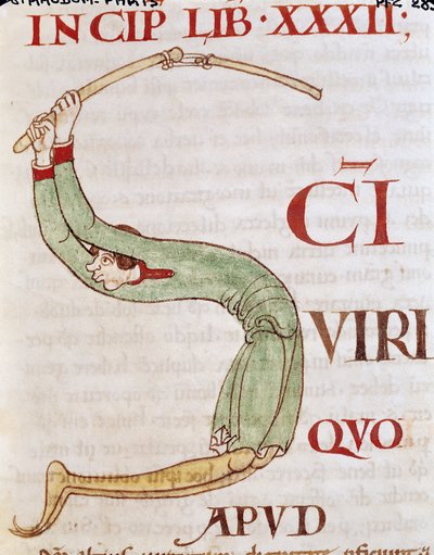 Historiated Initial S Depicting a Man Threshing, from Moralia in Job by Pope Gregory the Great by French School