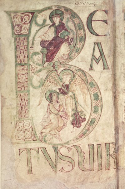 Historiated initial B depicting St. John the Evangelist and an Angel, from the Psalter of Corbie by French School