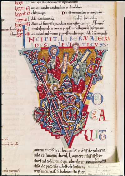 Historiated initial V depicting a scene from the Book of Leviticus, from the St. Benigne Bible by French School