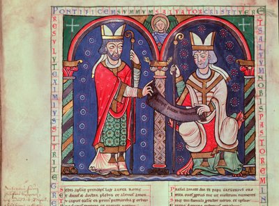 Rabanus Maurus (c.780-856) Offering His Book to Pope Gregory I (540-604) from Anchin Abbey by French School