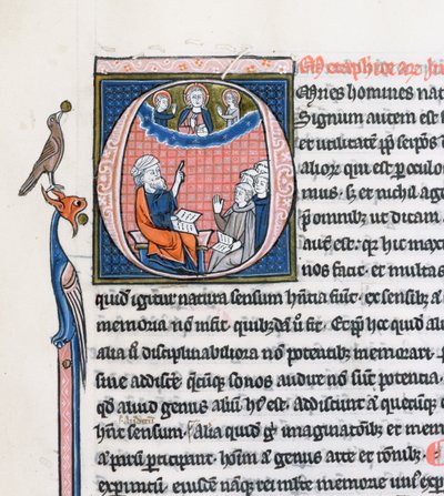 Historiated initial O depicting the ancient Greek philosopher Aristotle, teaching a group of clerics from Western Europe and pointing upwards towards God in the heavens by French School