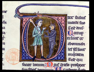 Historiated initial D depicting a man with the devil, from a Latin bible by French School