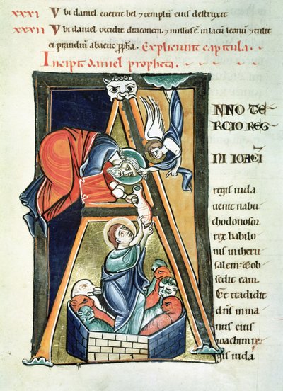 Historiated initial A depicting Daniel in the Lions Den, from the Bible de Saint-Sulpice de Bourges by French School