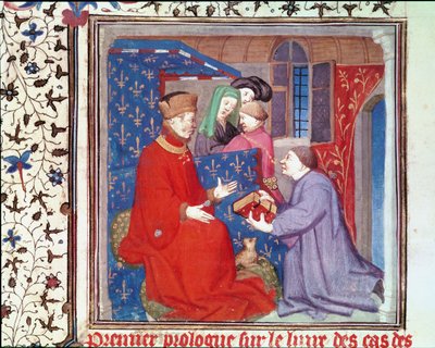 Jean (1340-1416) Duke of Berry Receiving a Manuscript from Boccaccio, from Cas des Nobles Hommes et Femmes by Giovanni Bocaccio (1313-75) by French School