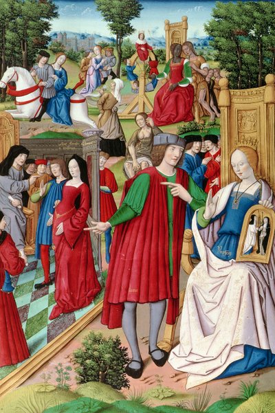 Louis XII conversing with Anne of Brittany, illustration from Remedes de lune et lautre Fortune by Petrarch, 1503 by French School