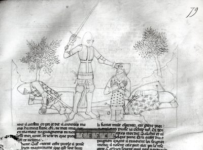 Arming a knight on a battlefield, from Lancelot du Lac by French School