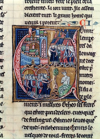 Historiated initial C depicting Conrad III Emperor of Germany and Louis VII King of France, besieging Damascus in 1148, from Histoire de Jerusalem by William of by French School