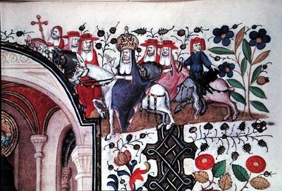 Detail of the Pope on his mule with his entourage, from an illustration of Saint Peter, from the Hours of Marguerite d
