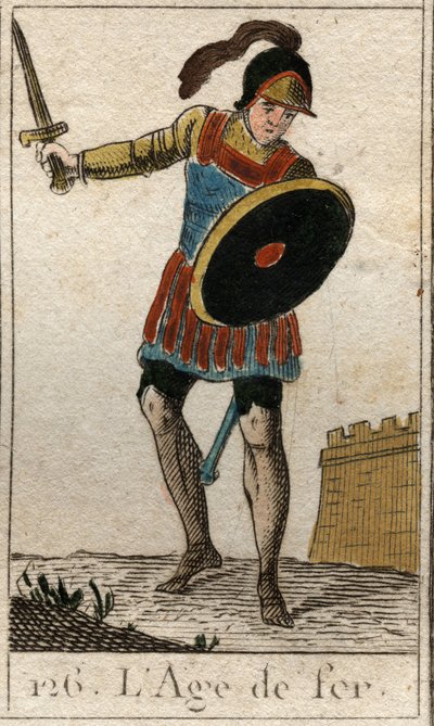 Myth of the Ages of Humanity: Representation of the Iron Age as a Young Man Wearing a Helmet and Holding a Sword and Shield. From 