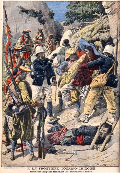 Native troops disarming Chinese reformists at the border with Tonkin, English Indochina. Tonkino-Chinese border. Indigenous riders disarming Chinese reformers. Illustration for Le Petit Journal by French School