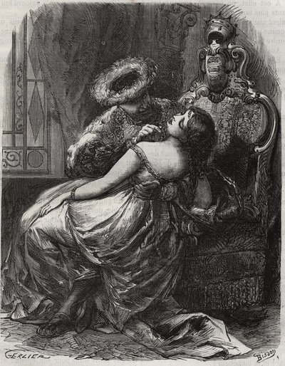 Nice neck! That an executioner would be happy to cut it off! King Henry VIII of England (1491-1547) with his wife, Catherine Parr (1512-1548). Engraving from 1871 in Histoire Des Cocus Celebres by Henry de Kock (1819-1892) by French School