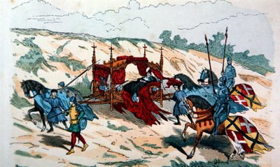 Nobleman being carried in a litter by retainers during the 14th century in Europe by French School