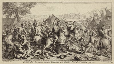 Odo, Duke of Aquitaine, defeating the Umayyads at the Battle of Toulouse, 721 (engraving) by French School