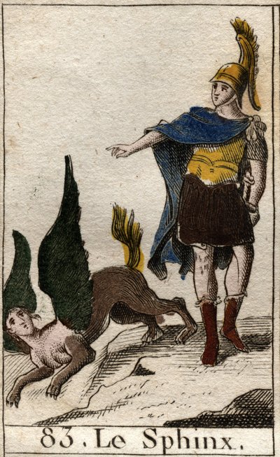 Oedipus solves the riddle of the sphinx who throws herself from her high rock. From 