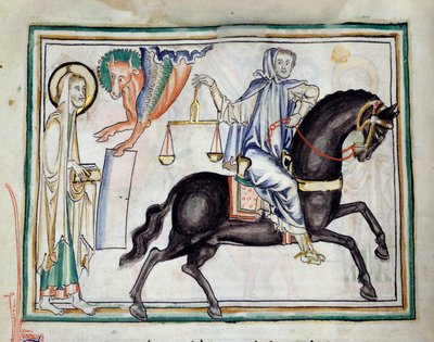 Opening of the third seal: a knight on a black horse holding a scale symbolizing penury and famine (from The Apocalypse of Cambrai) by French School