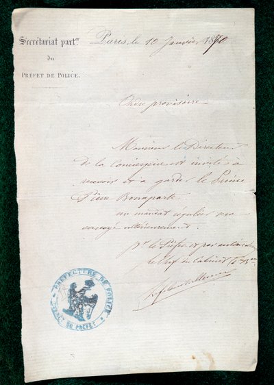 Order of incarceration to the Concierge of Prince Pierre Bonaparte (1815-1881) on January 10 by French School