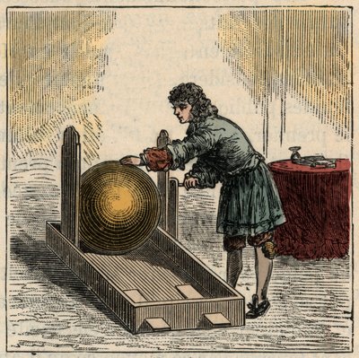 Otto von Guericke (1602-1686), German physicist, operating the first static electricity generator - Static machines: Otto von Guericke (Otto de Guericke by French School
