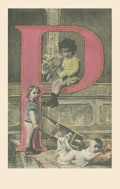 One child with a long pipe, another with a wheelbarrow, a baby lying on his stomach by French School