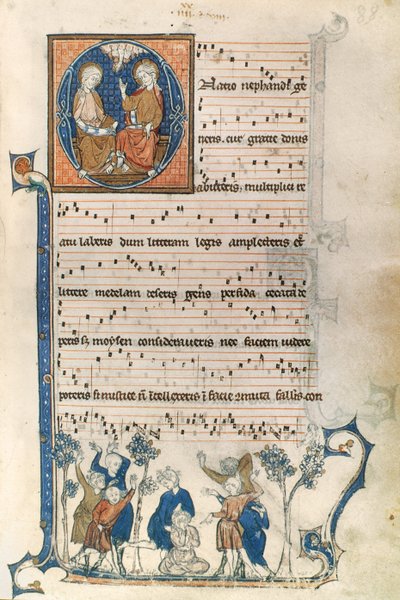 Page from a manuscript for a Parisian singer, with illustrations of the Holy Trinity and the game Blind Mans Bluff, c.1280-1315 by French School