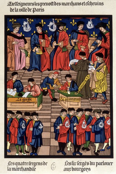 Parisian commercial traffic: the provosts of merchants and echevins, the transplant, the receiver, the prosecutor, the clerk, the goods sergeants... - facsimile of a miniature of the Middle Ages by French School