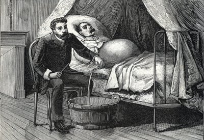 Patient with advanced liver cirrhosis, doctor performing a puncture (engraving, 1888) by French School