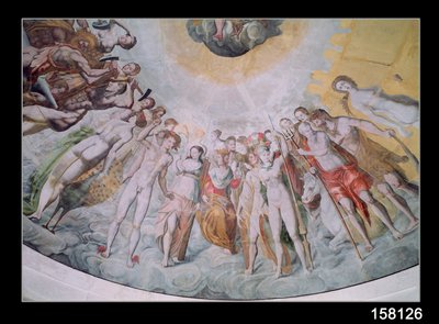People from the Court of the Medici, with Charles IX as Janus in the centre, to his right Catholics Forging Weapons for War, to his left The Protestants, also Catherine de Medici as Juno and Diane by French School